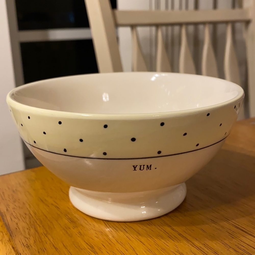 Rae Dunn Yum Cereal Soup Snack candy Bowl polka dot yellow black white